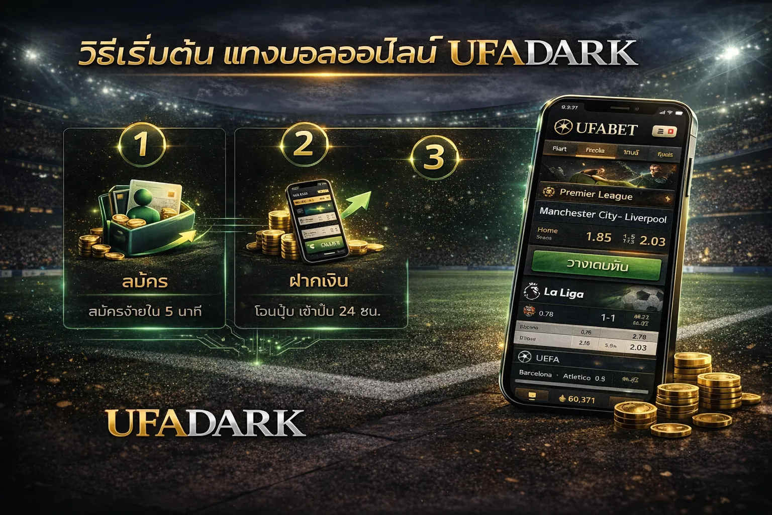 วิธีแทงบอลออนไลน์ UFADARK สมัครง่าย 5 นาที เลือกลีก ฝากเงิน แทงบอลสด